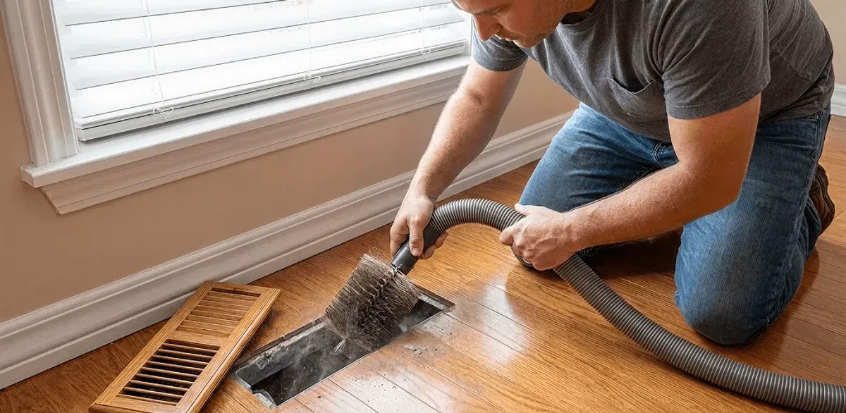 Air duct cleaning technician vacuuming a floor vent and duct opening in Jackson, MS