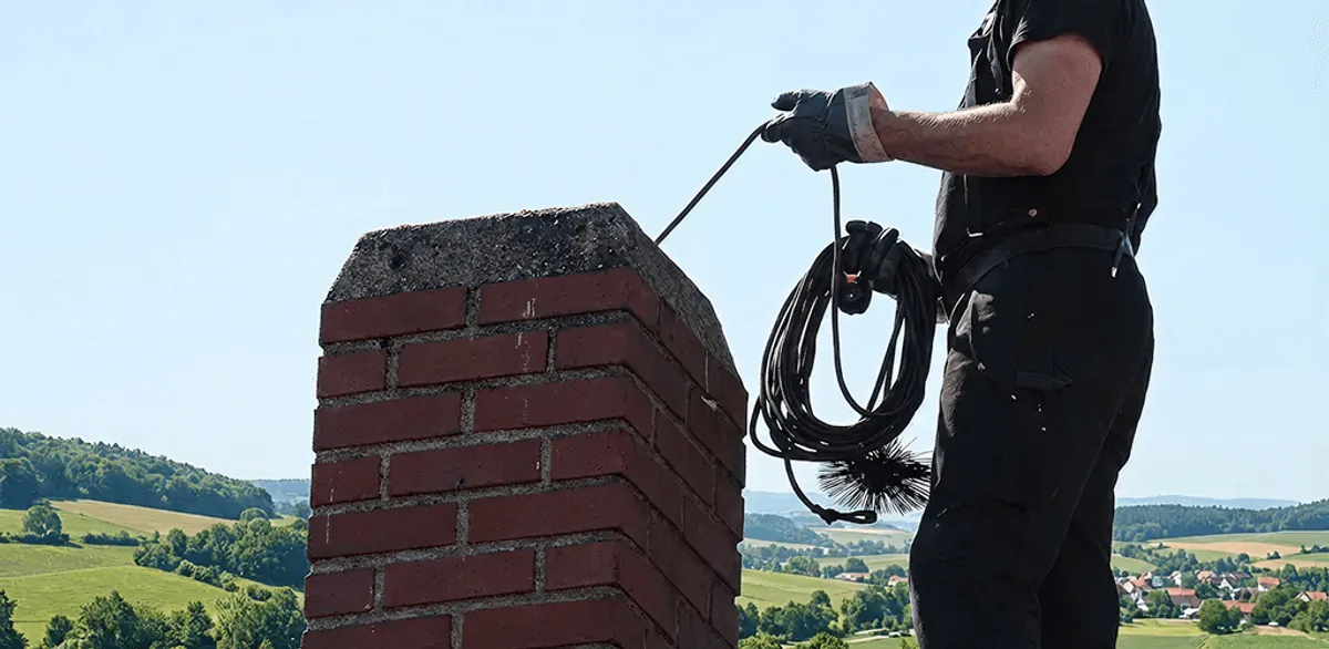 Chimney sweep inspecting and cleaning a rooftop chimney in Jackson, MS