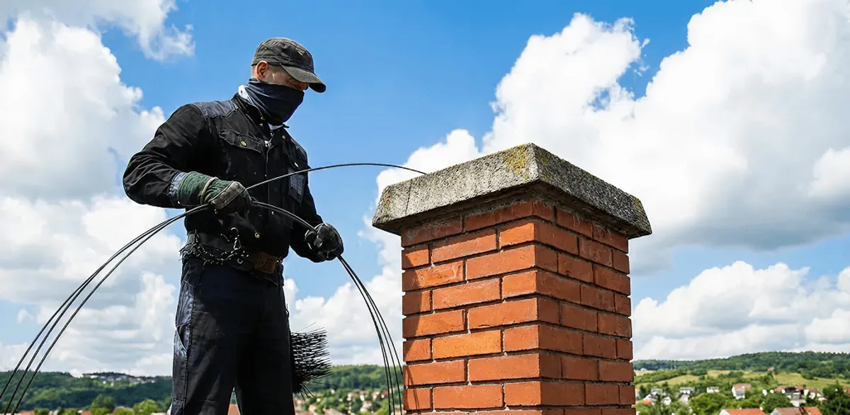 Chimney sweep cleaning a brick chimney with professional tools in Jackson, MS