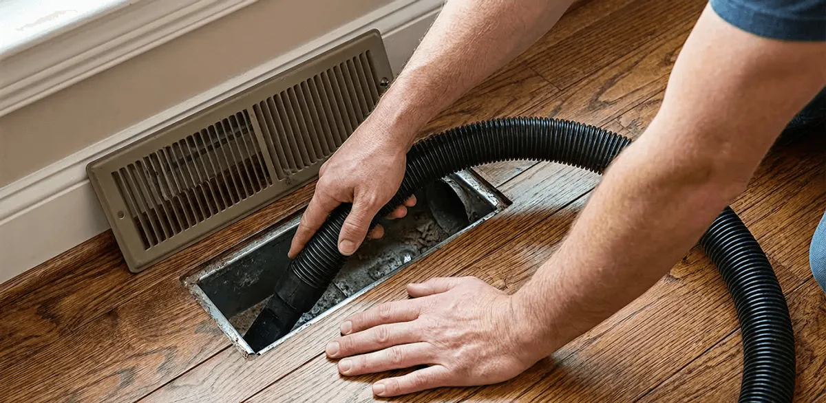 Air duct cleaning technician vacuuming a floor register and duct opening in Jackson, MS
