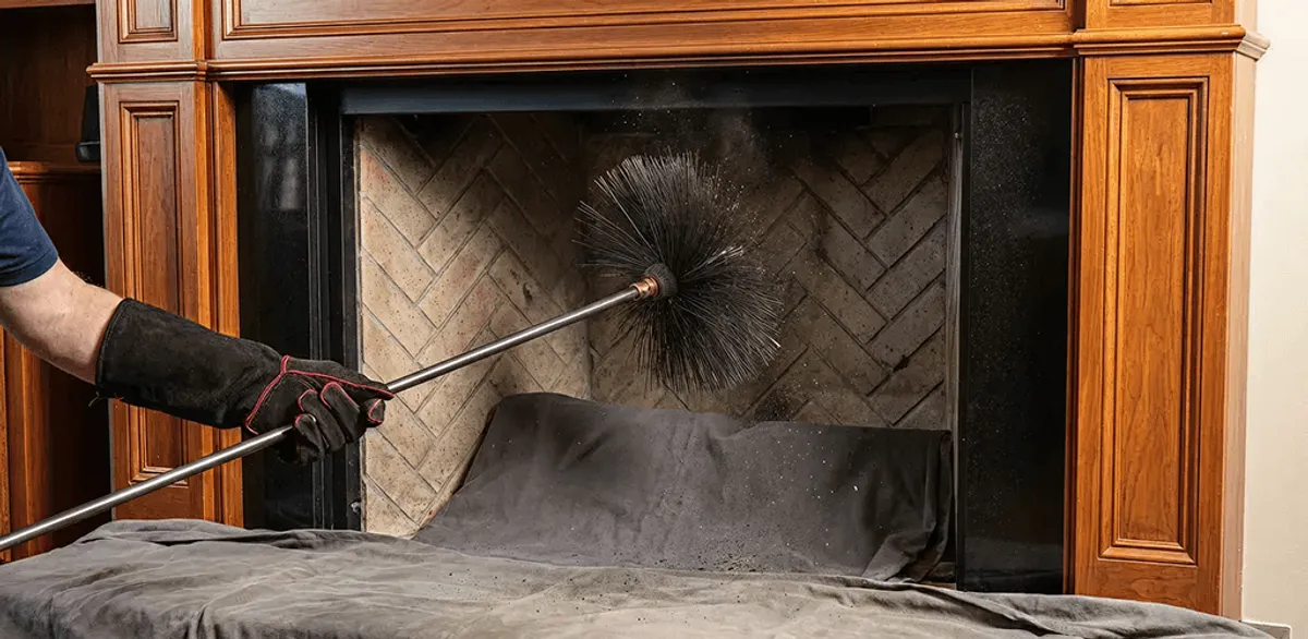 Chimney cleaning service brushing soot from a fireplace and flue in Jackson, MS