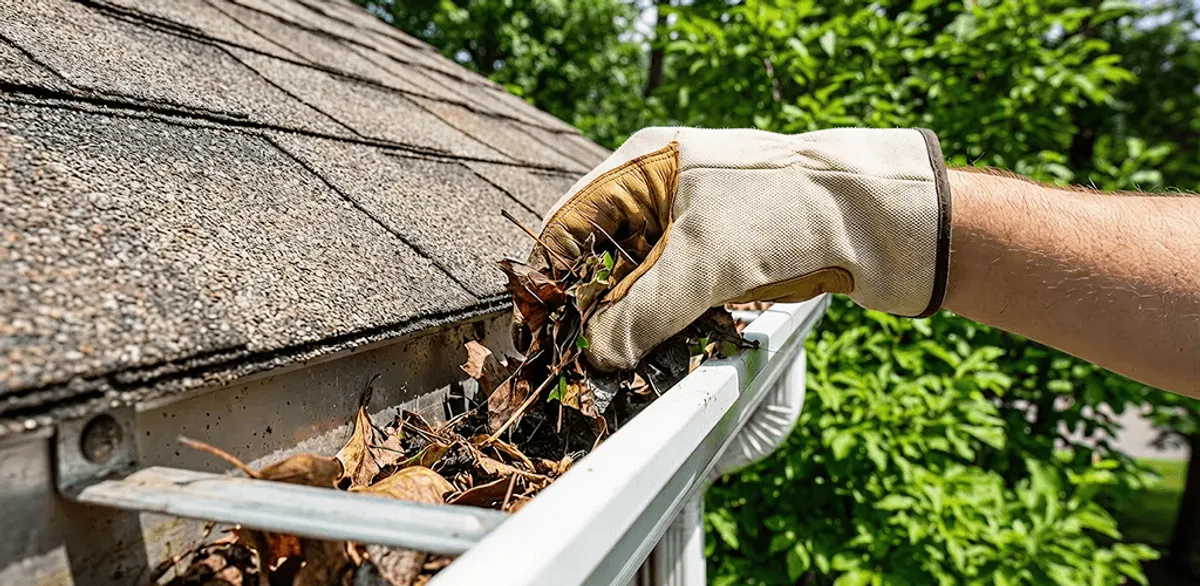 Gutter cleaning removing leaves and debris from roof gutters in Jackson, MS