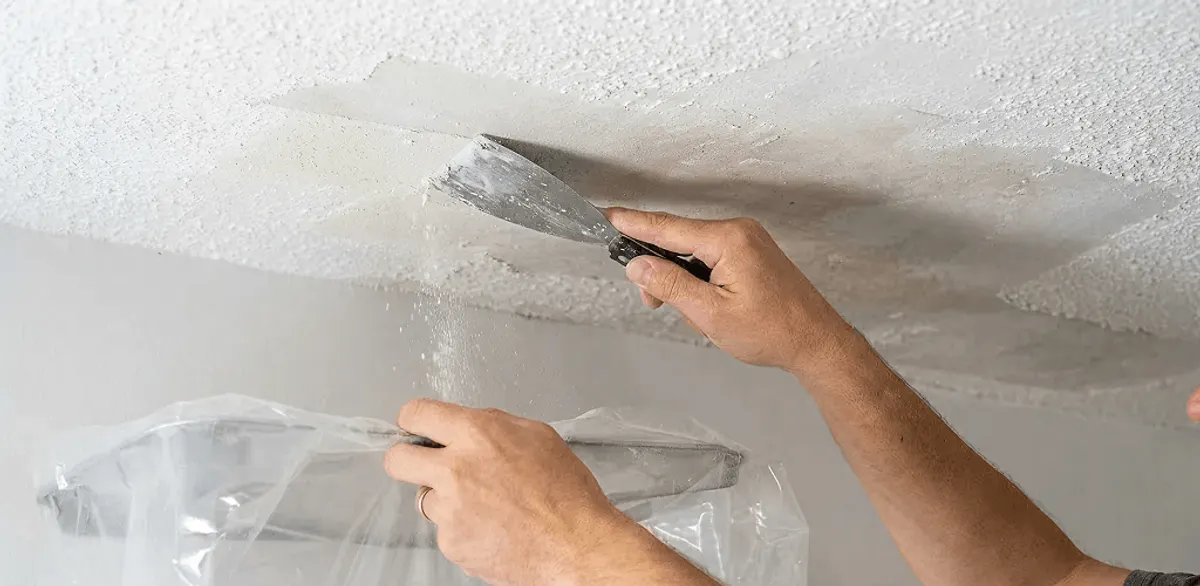 Popcorn ceiling removal technician scraping texture from a ceiling in Jackson, MS