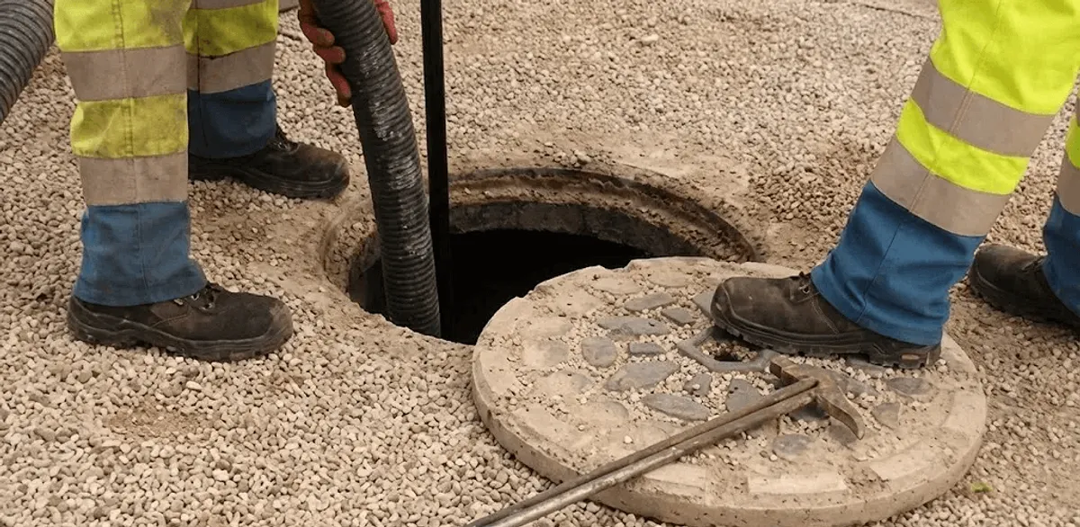 Drain cleaning crew clearing a sewer access point with professional equipment in Jackson, MS