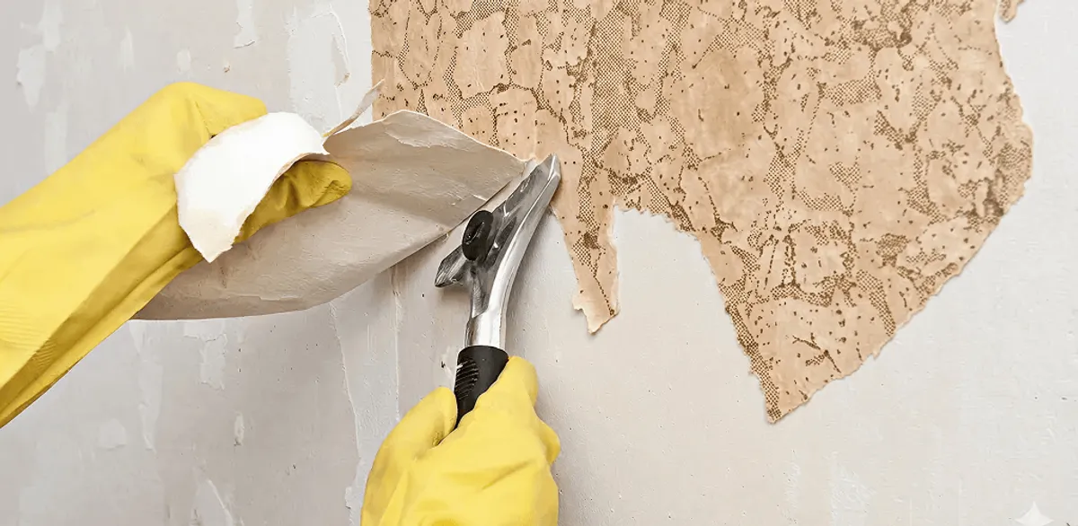 Wallpaper removal service stripping old wallpaper from a wall in Jackson, MS