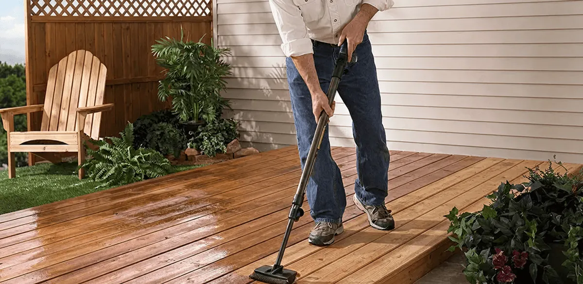 Deck staining service applying stain to a backyard wood deck in Jackson, MS